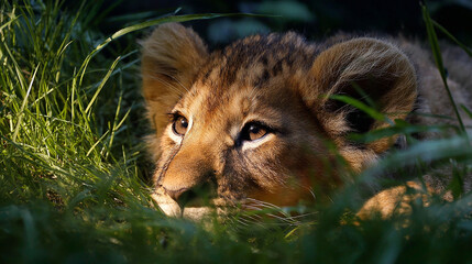 a baby lion laying in the grass