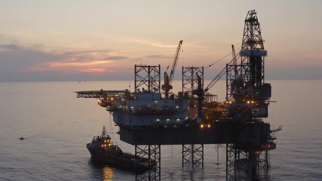 Aerial view from a drone of big jack up offshore drilling oil rig, production platform and supply vessel In the ocean during sunset - Oil and Gas Industry
