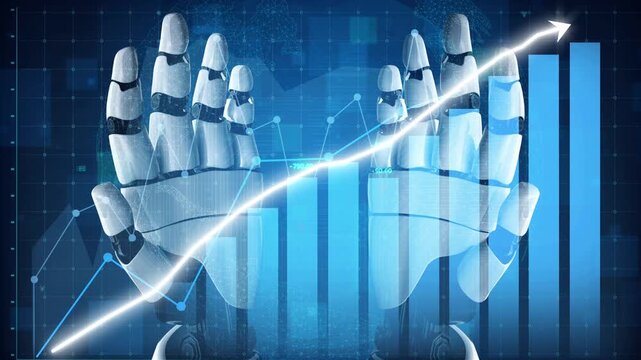 This striking image showcases robot hands reaching upwards amidst digital charts and graphs, symbolizing growth, innovation, and advanced technology in today data-centric landscape. Copula
