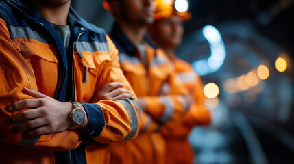 Blurred defocused image of faceless men miners wearing orange uniforms at coal mine, coal mining industry and energy resource extraction, abstract industrial scene, with copy space