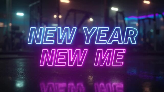 Motion Graphic of Neon Text &ldquo;New Year New Me&rdquo; on a Dark Background, Featuring Glowing Colors, Energetic Typography, and a Bold Motivational Message for Fresh Beginnings and Personal Transformation