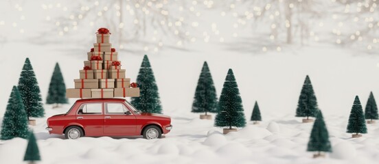 Christmas Delivery: A classic red car laden with gift boxes in the shape of a Christmas tree makes its way through a snowy wonderland. Capturing the spirit of holiday cheer and festive anticipation.