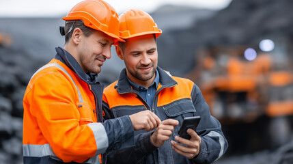 Fototapeta premium Two faceless miners dressed in safety gear attentively examining device on coal site, dedication and teamwork in mining industry, defocused extraction background, with copy space