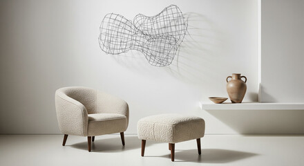 Living room with sculptural wire art mounted asymmetrically on a white wall, earthy ceramic vessel on a floating shelf, beige boucl&eacute; armchair and shearling ottoman&mdash;minimalist yet inviting with tactile
