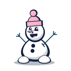 cute snowman cartoon vector illustration wearing pink hat, smiling winter character isolated on white background.