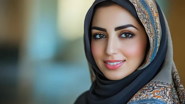 Smiling woman wearing hijab and makeup with warm lighting, showcasing modest and modern style, diversity in beauty, inclusive culture. Portrait video for stock use.