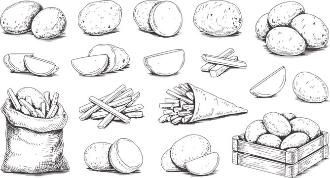 Black and white hand drawn potato and fries potatoes