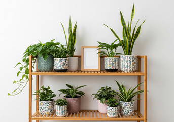 Scandinavian room interior with mock up photo frame on the brown bamboo shelf with beautiful plants in differents hipster and design pots. White walls. Modern and floral 