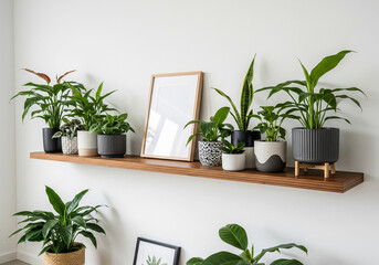  Scandinavian room interior with mock up photo frame on the brown bamboo shelf with beautiful plants in differents hipster and design pots. White walls. Modern and floral 
