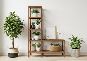 Scandinavian room interior with mock up photo frame on the brown bamboo shelf with beautiful plants in differents hipster and design pots. White walls. Modern and floral