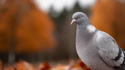 Fototapeta premium A pigeon is standing on a pile of leaves