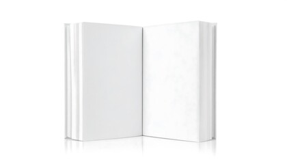 Open blank book; bright white pages and cover, standing upright on reflective surface with neutral background