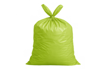 Green plastic garbage bag with tied knot on top, waste disposal, pollution, and recycling concept on transparent background