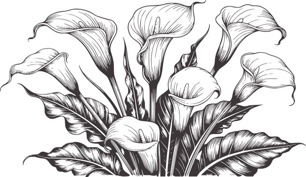 Detailed black and white of calla lilies arrangement