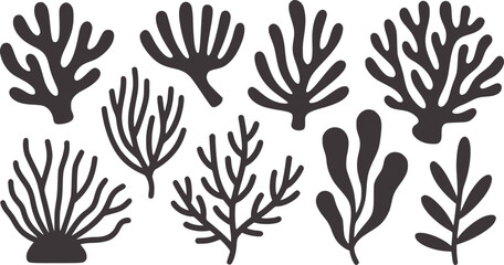 Minimalist black and white coral and seaweed silhouettes collection © Rakibul V