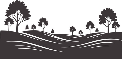 Minimalist black silhouette landscape with rolling hills and trees
