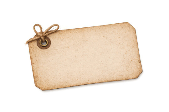 Blank vintage price tag with string knot and eyelet on transparent background, retro paper label for retail or crafts