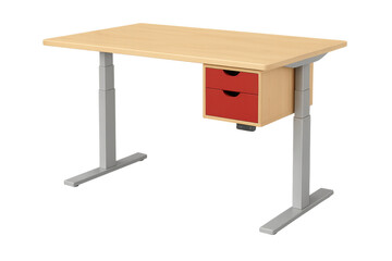 Adjustable standing desk with light wood top and two red drawers providing ergonomic workspace solution