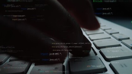 Close-up image showcasing hands typing on a keyboard, overlaid with computer code and programming syntax that represent a technology-driven workspace. Xenic