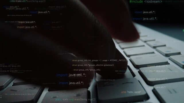 Close-up image showcasing hands typing on a keyboard, overlaid with computer code and programming syntax that represent a technology-driven workspace. Xenic