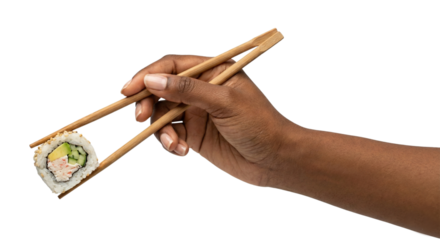 Hand holding sushi roll with chopsticks