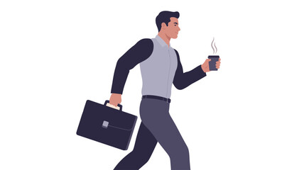 Businessman walking briskly with coffee and briefcase in a dynamic flat vector illustration on a clean white background for daily commute and business productivity.