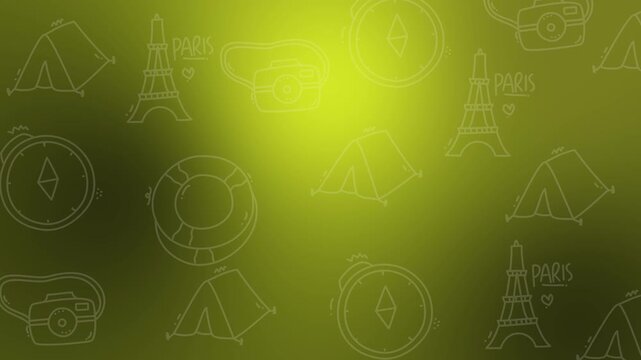 Seamless holiday themed design with tent, camera, eiffel tower, and compass drawings on a bright yellow background. Suitable for travel and adventurethemed graphics.