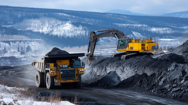 Banner showing open-pit coal mining in winter with heavy machinery excavator loading dump truck, cold season extraction operations, defocused snowy landscape, with copy space