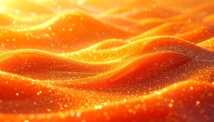 Luminous orange waves glisten with sparkling particles, creating a mesmerizing, warm, abstract landscape