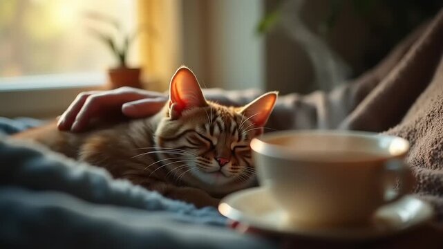 Cozy orange cat napping on a blanket, with a warm cup of coffee nearby