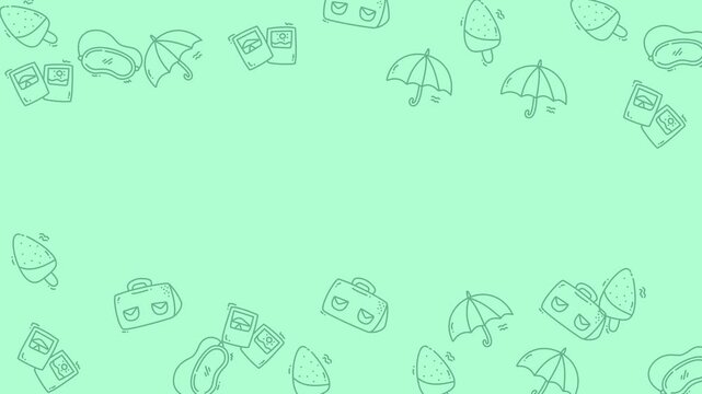 Seamless holiday light green background with outlined travel and leisure symbols, perfect for vacationthemed designs and projects in various industries.