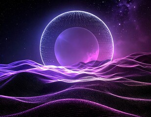 Luminous sphere behind a wavy, purple landscape against a starry, cosmic background