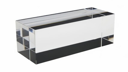 Clear glass rectangular prism on white background.