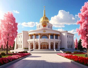 Grand, ornate white building with golden dome, framed by pink trees under a sunny, blue sky