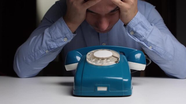 Anxious man waiting, Man with bowed head handling tension, Stressful scene of man with vintage phone and bowed head, Man appears tense and anxious as he waits silently at his vintage telephone