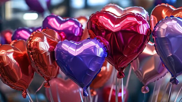 Vibrant assortment of red, blue and purple heart-shaped mylar balloons perfect for celebratory events or as a thoughtful gift.