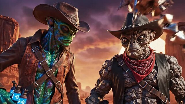 Two alien cowboys stand in a desert landscape, one holding a glowing weapon