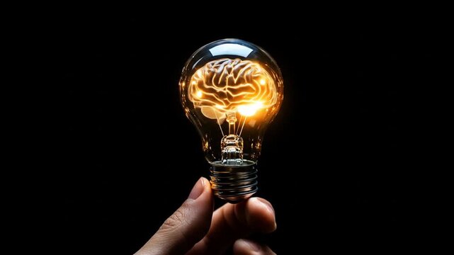 Hand holds glowing brain inside lightbulb against a dark backdrop for concept