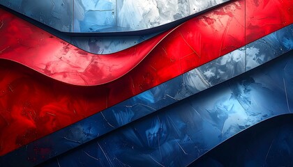 Metal sheets red, white, blue diagonal wave layers with textures, reflections, and abstract brush stroke appearance