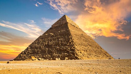 Grand pyramid stands strong against a vibrant, colorful sunset sky, resting on sandy, arid desert terrain