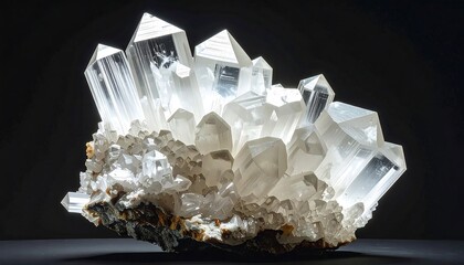 Luminous white cluster of translucent quartz crystals against a dark, softly illuminated background