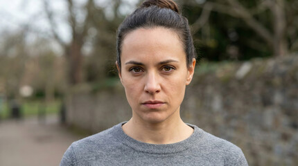 Woman with a determined expression showcasing strength and focus in a natural setting with blurred background.