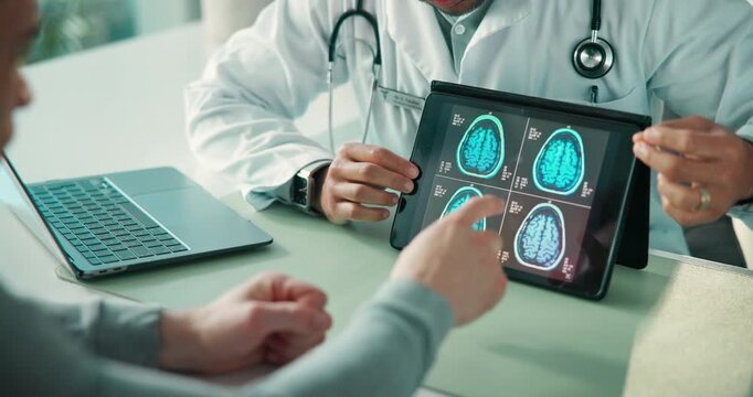 Hands, patient or doctor with brain scan on tablet for tumor diagnosis, track progression or results. Healthcare, neurologist and person pointing to MRI screen in clinic for cancer tissue and advice