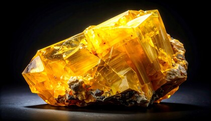 Luminous yellow crystal formation perched on weathered stone against a dark backdrop, detailed textures and color contrasts