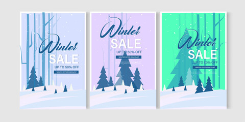 winter sale template with snow landscape tree