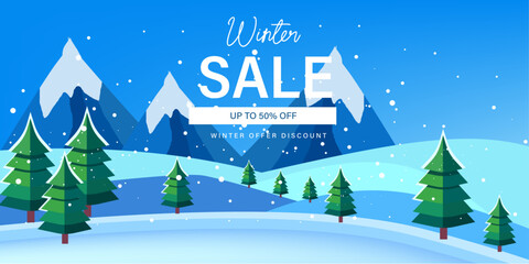 winter landscape with trees and snow with sale banner
