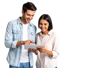 Couple Using Tablet Together, Black Background