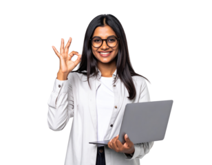 Confident Indian woman holding laptop and making OK sign