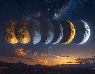 Lunar phases across dusk-lit mountains, under a starry night sky and faint clouds, an earth and space convergence