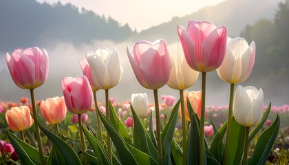 Pink and white tulips bloom in a hazy meadow with a mountain backdrop, basking in sunlight